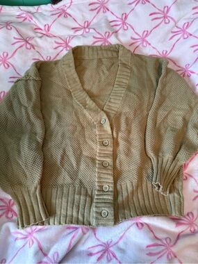 Textured Olive Green V-Neck Button Cardigan Sweater